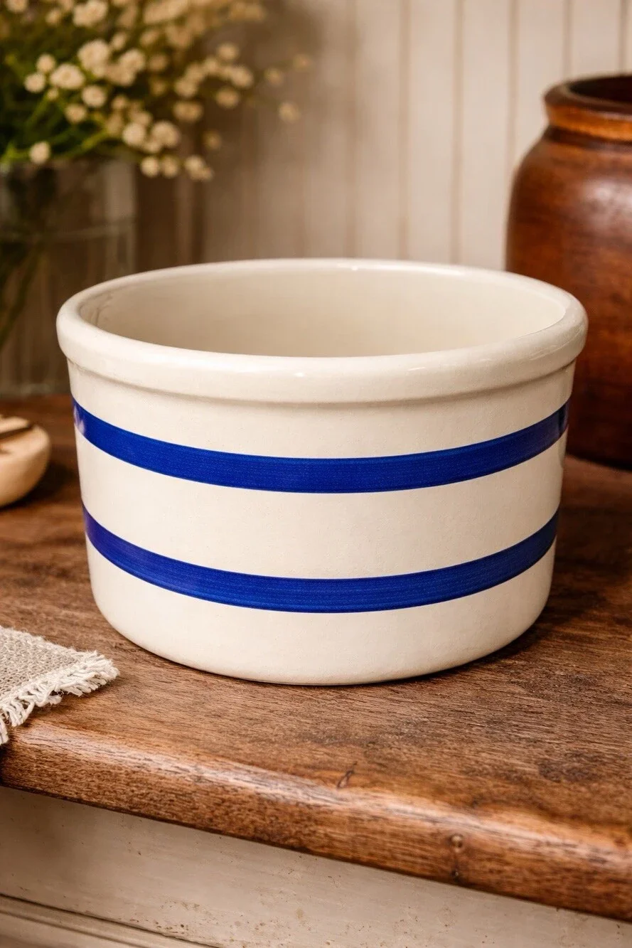 Vintage Roseville Blue Stripe Stoneware Mixing Bowl 8” USA Crock Bowl
